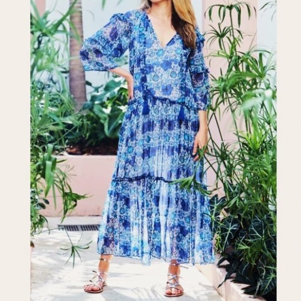 Debbie Katz Chiffon Midi Dress SMALL (4-6) Blue Paisley Tiered Flowy Boho $105 - Picture 4 of 10